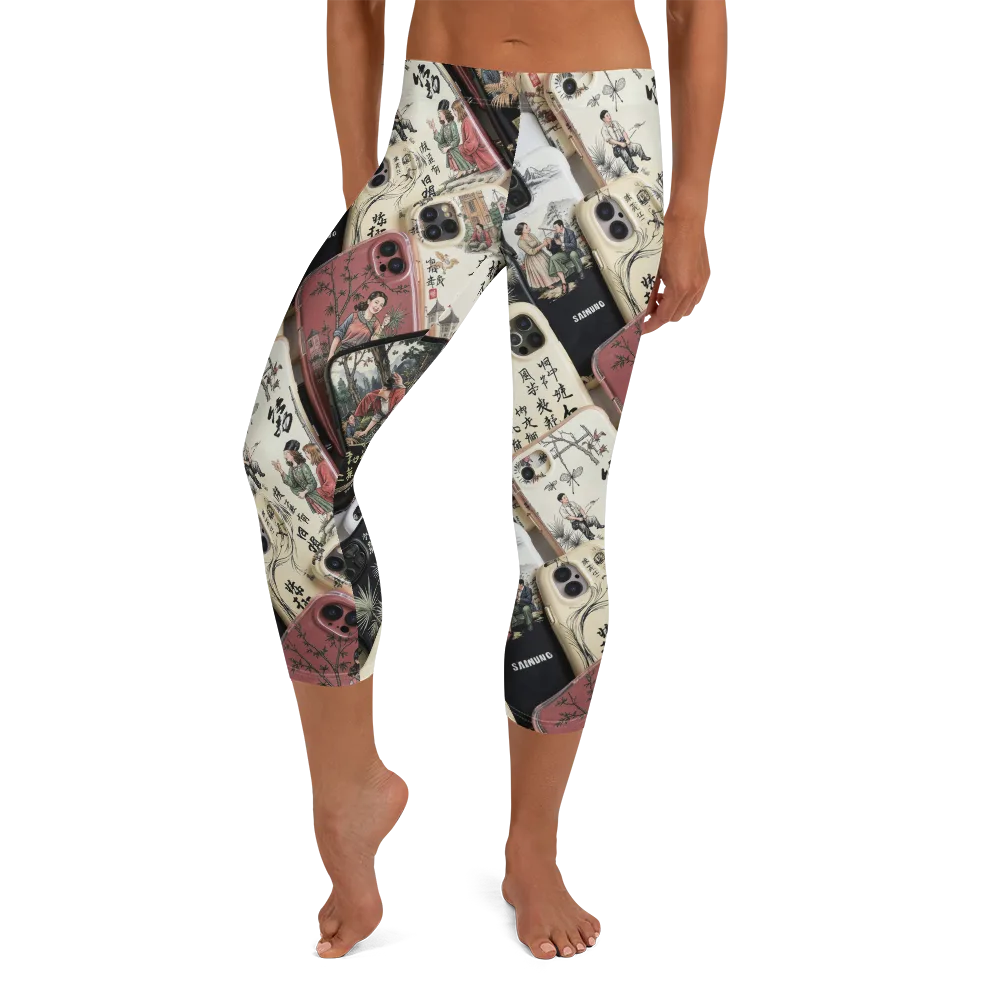 Ink And Ivory Carousel on Capri Leggings — Front