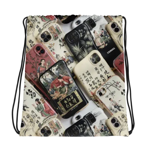 Ink And Ivory Carousel on a Drawstring Bag