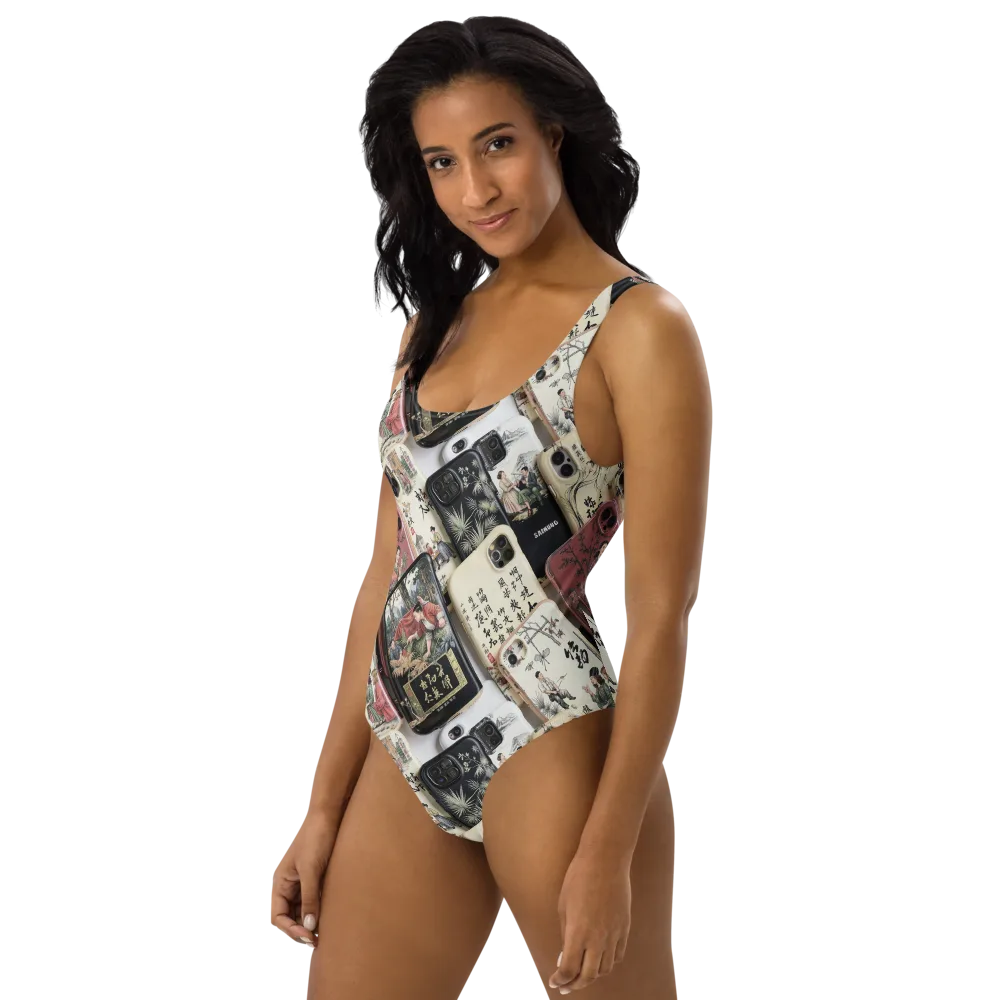 Ink And Ivory Carousel on One-Piece Swimsuit — Left