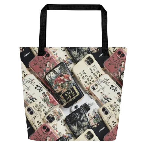 Ink And Ivory Carousel on a Large Tote Bag W/ Pocket