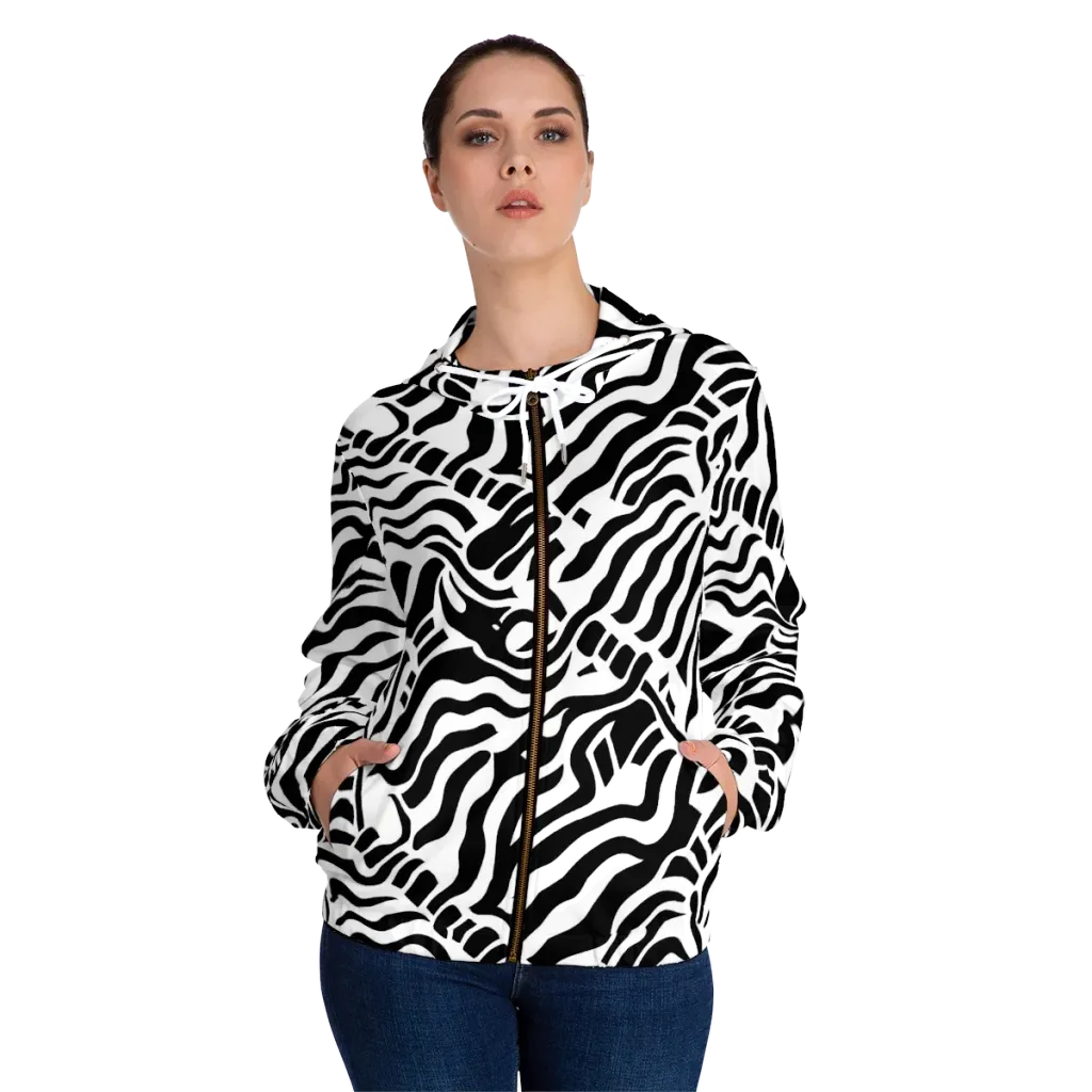 Noir Stripes on Women's Full-Zip Hoodie — Front On Person