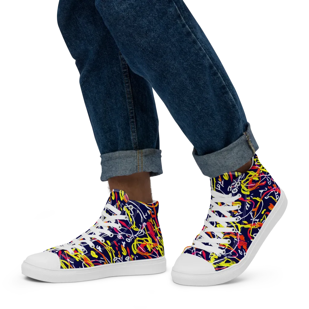 Neon Currents on Men's High Top Canvas Shoes — Left