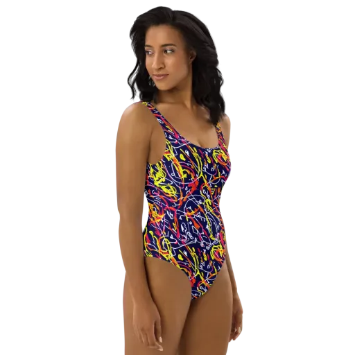 Neon Currents on a One-Piece Swimsuit