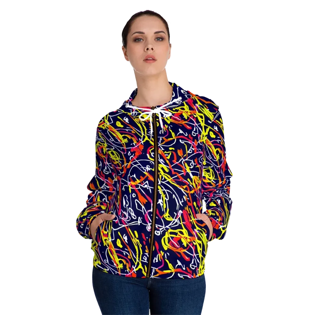 Neon Currents on Women's Full-Zip Hoodie — Front On Person