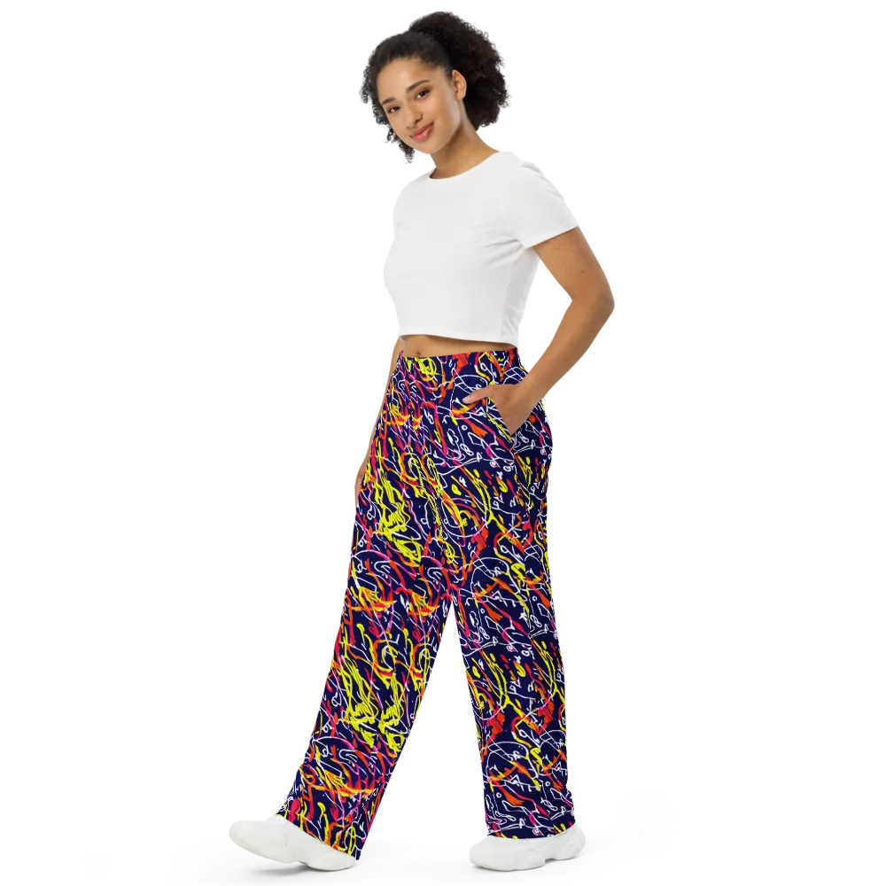 Neon Currents on Wide-Leg Pants — Left Front