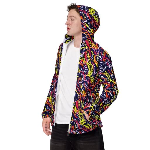 Neon Currents on a Men's Windbreaker
