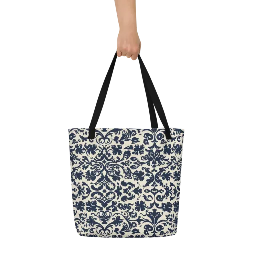 Navy Baroque on a Large Tote Bag W/ Pocket