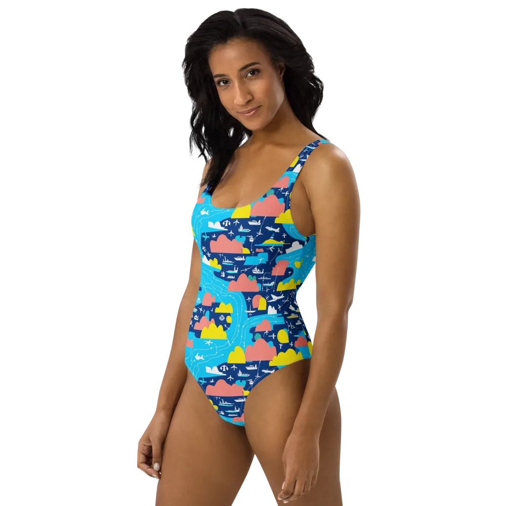 Skyway Harbor on One-Piece Swimsuit — Left