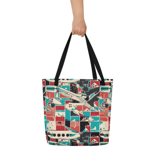 Jet Set Geometry on a Large Tote Bag W/ Pocket