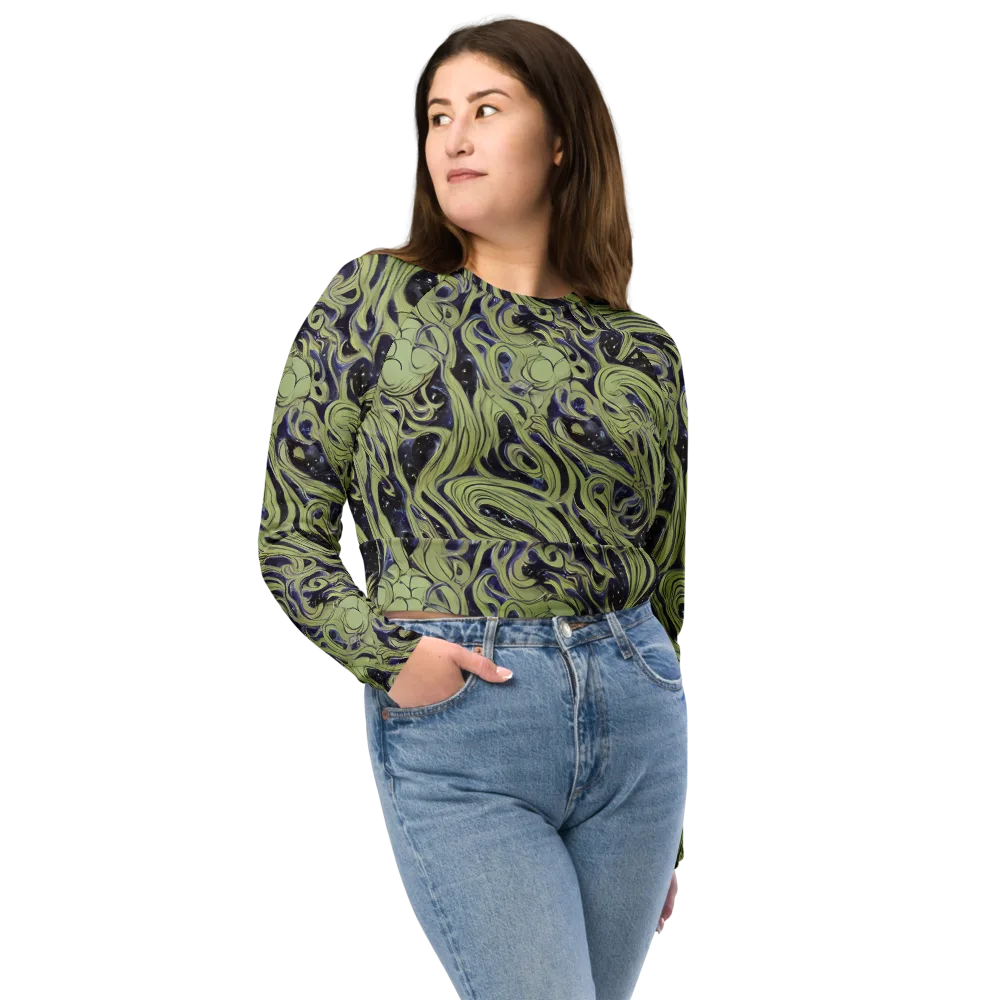 Indigo Swirl on Long Sleeve Crop Top — Front
