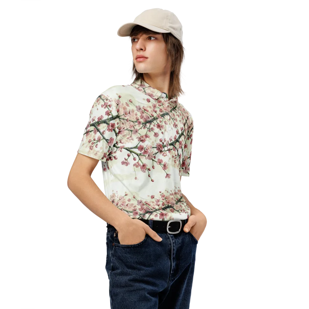 Cherry Blossom Canopy on Men's Slim Fit Polo Shirt — Right Front