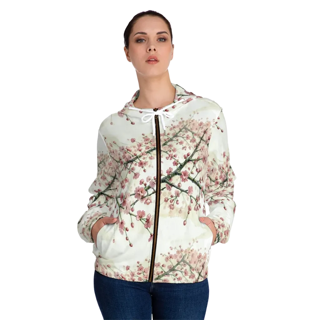 Cherry Blossom Canopy on Women's Full-Zip Hoodie — Front On Person