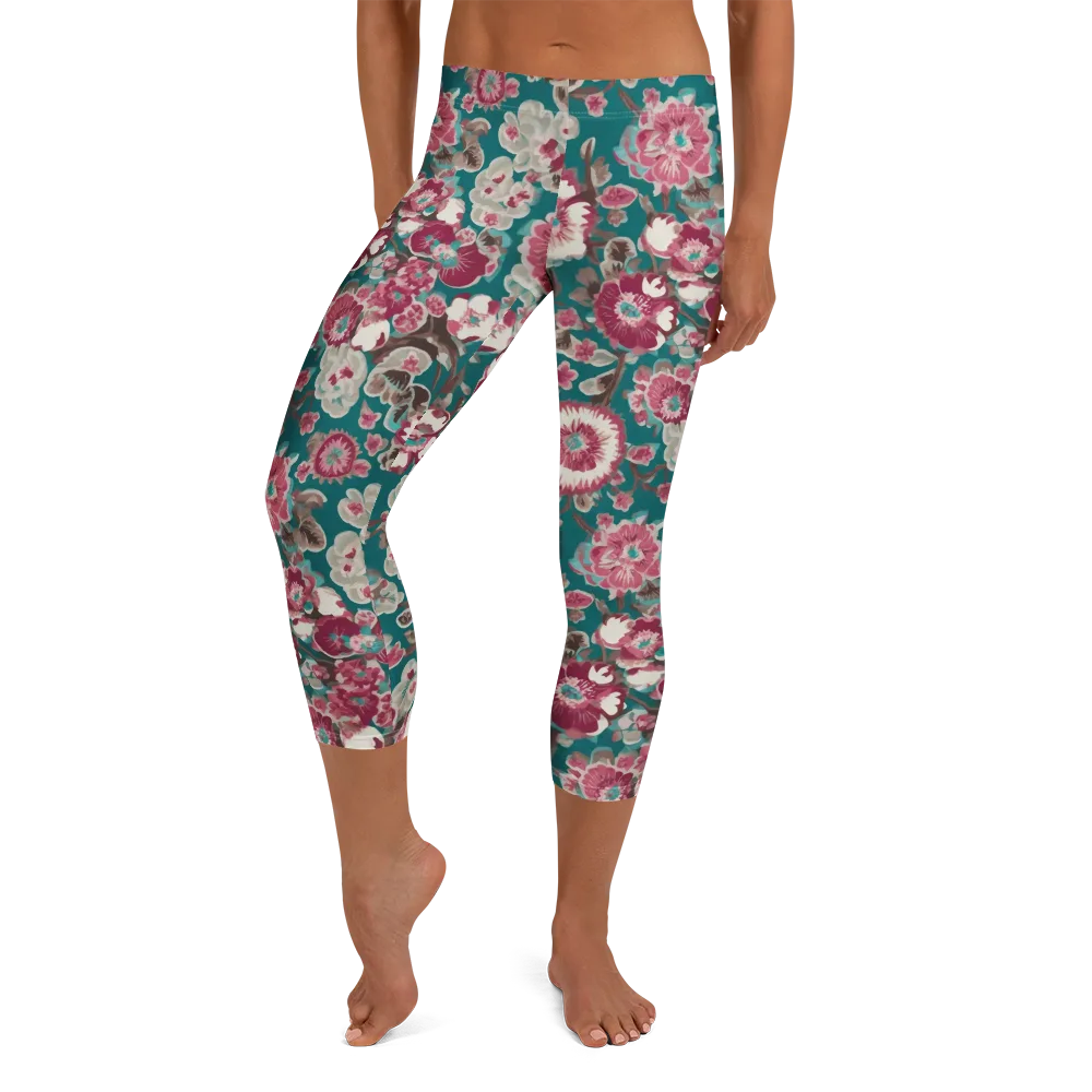 Teal Blossom Rhapsody on Capri Leggings — Front