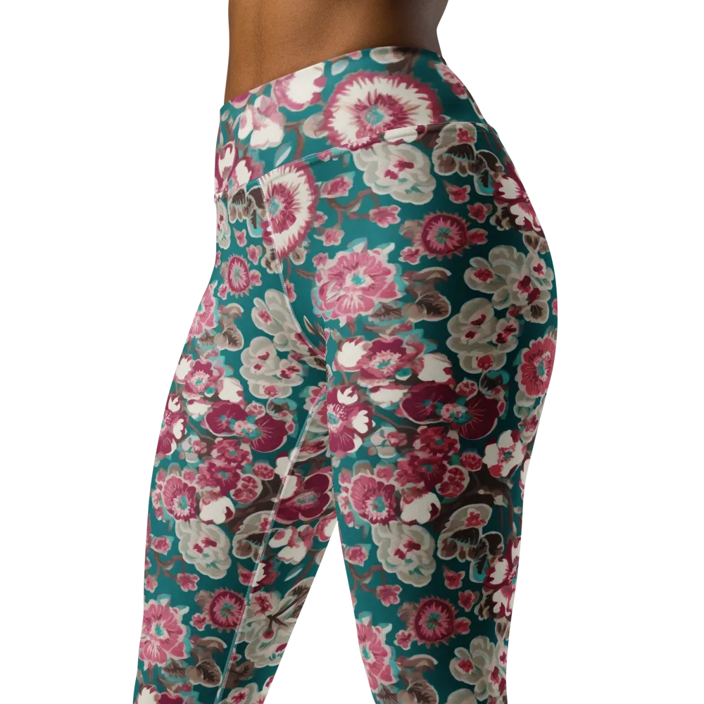 Teal Blossom Rhapsody on Yoga Leggings — Left Front