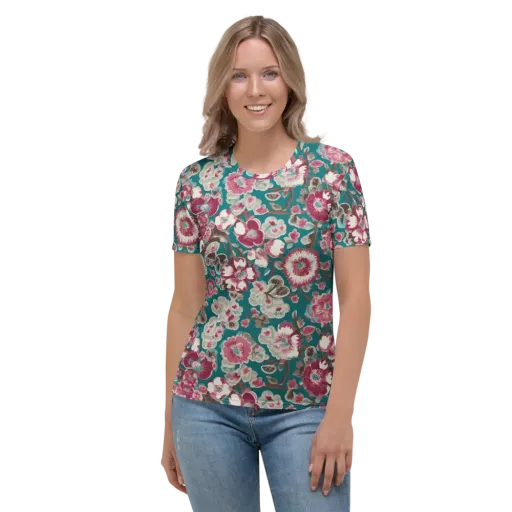 Teal Blossom Rhapsody on a Women's Crew Neck T-Shirt