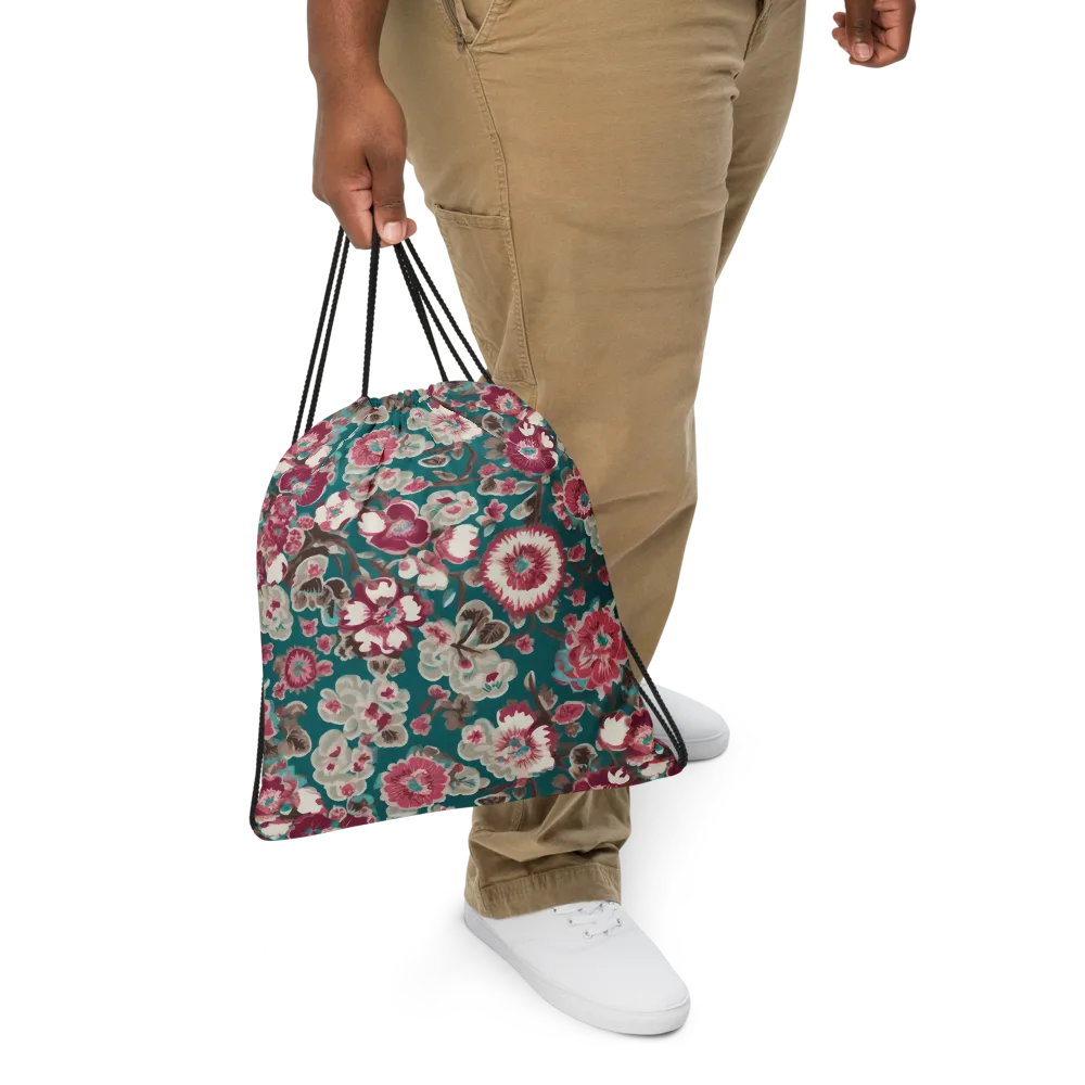Teal Blossom Rhapsody on Drawstring Bag — Front