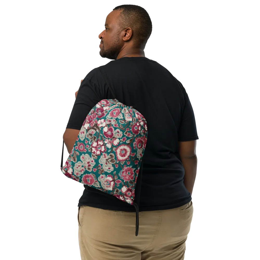 Teal Blossom Rhapsody on Drawstring Bag — Front