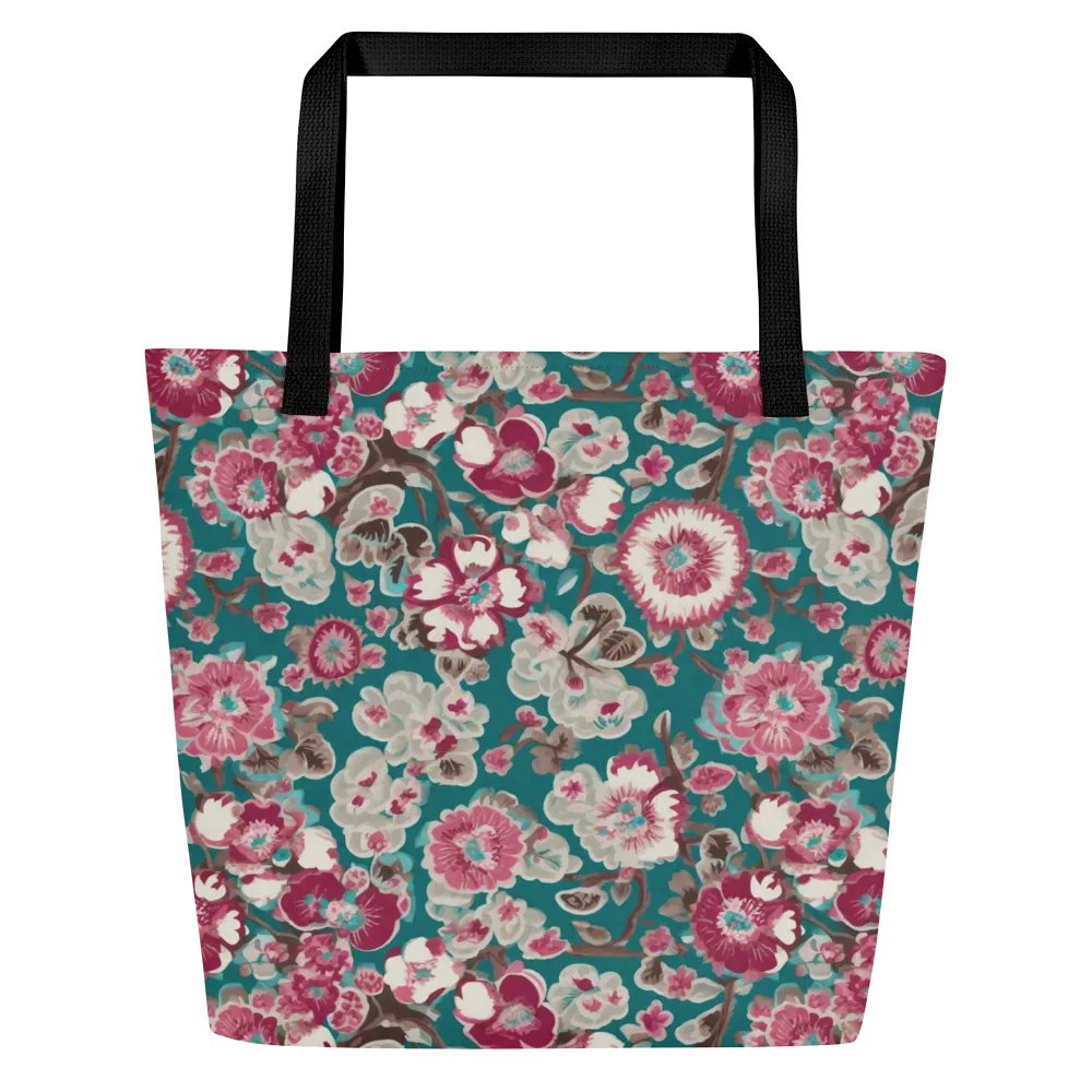 Teal Blossom Rhapsody on Large Tote Bag W/ Pocket — Front
