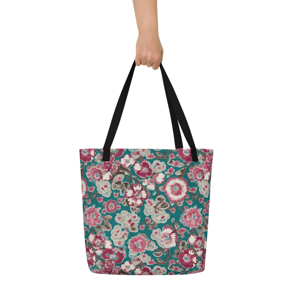 Teal Blossom Rhapsody on Large Tote Bag W/ Pocket — Front