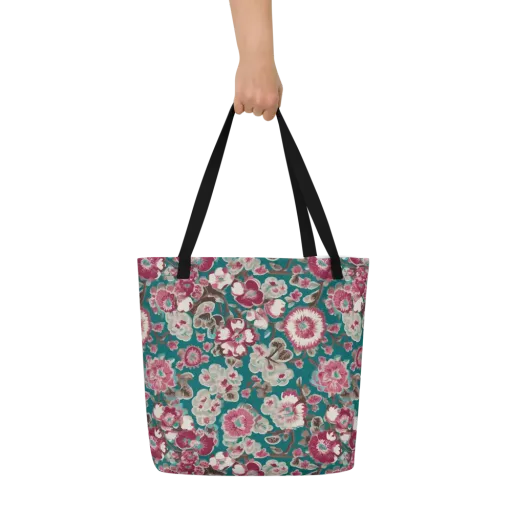 Teal Blossom Rhapsody on a Large Tote Bag W/ Pocket