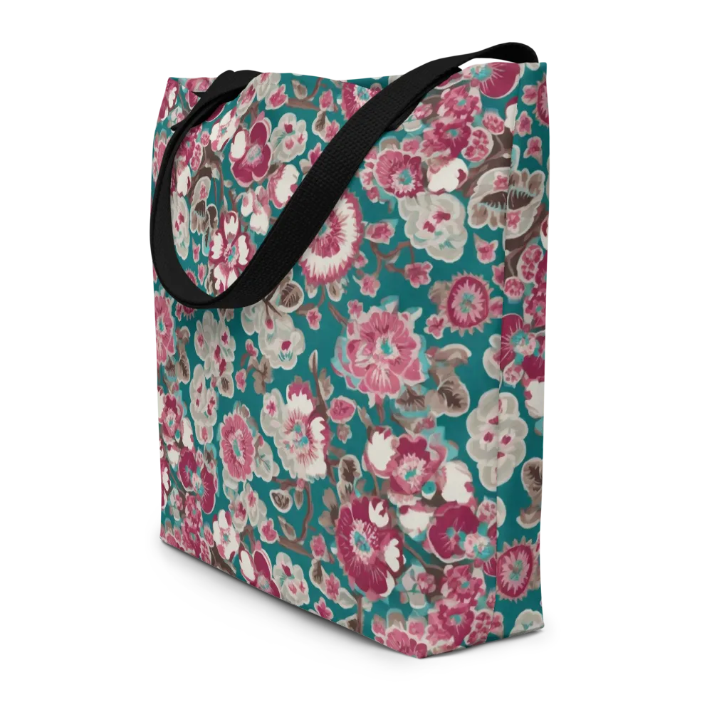 Teal Blossom Rhapsody on Large Tote Bag W/ Pocket — Front