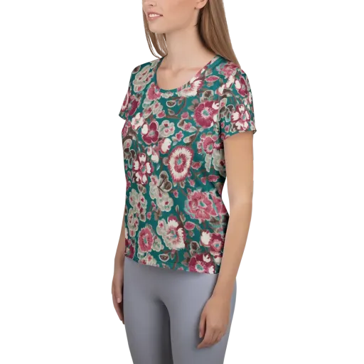 Teal Blossom Rhapsody Women's Athletic T-Shirt on model