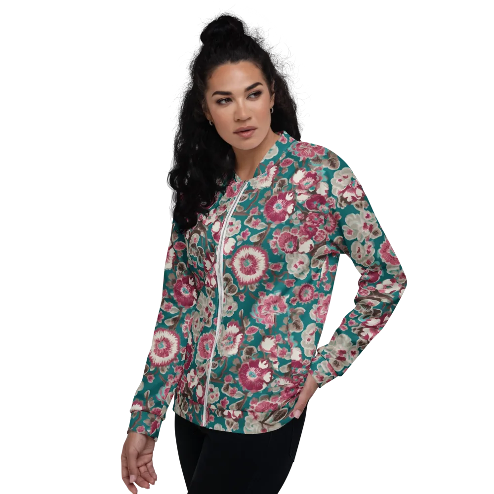 Teal Blossom Rhapsody on Bomber Jacket — Left