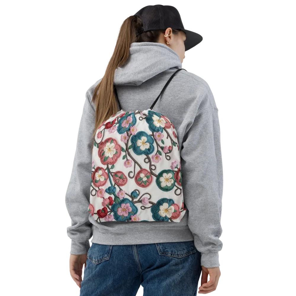 Embroidered Reverie on Drawstring Bag — Front