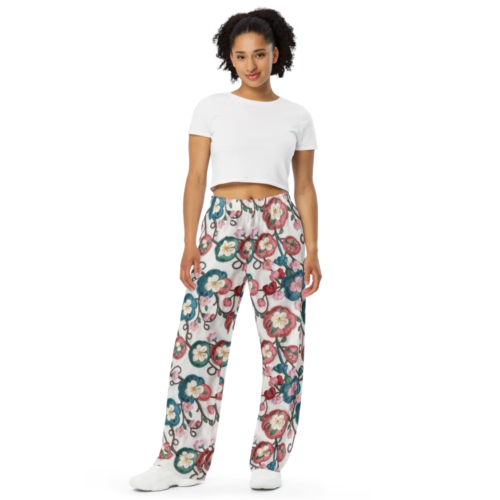Embroidered Reverie on Wide-Leg Pants — Front