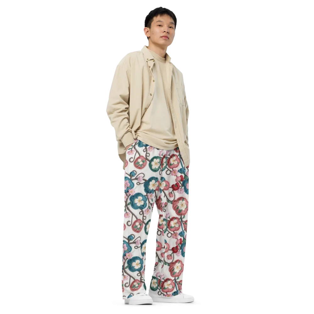 Embroidered Reverie on Wide-Leg Pants — Right Front
