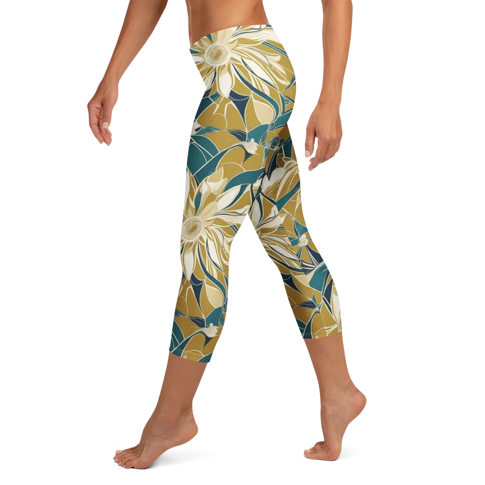 Ochre Bloom on Capri Leggings — Left