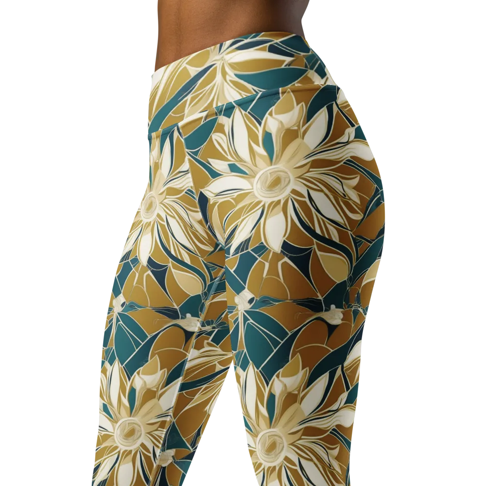 Ochre Bloom on Yoga Leggings — Left Front