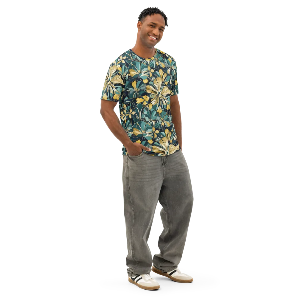 Teal Botanica on Men's Cotton Crew Neck T-Shirt — Right Front