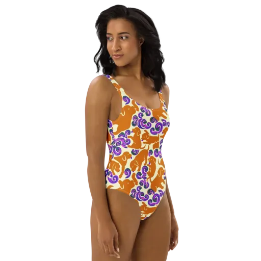 Copper Canine Carnival on a One-Piece Swimsuit