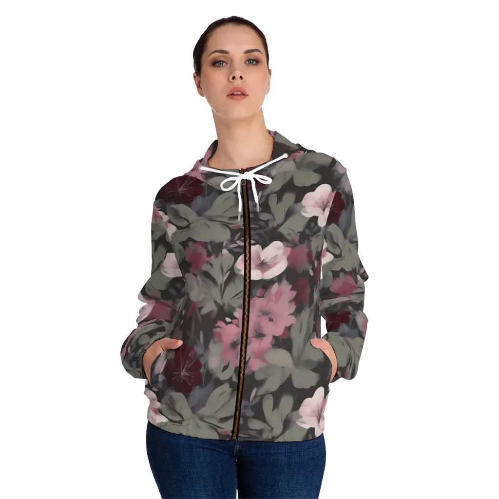 Moonlit Camellia on Women's Full-Zip Hoodie — Front On Person