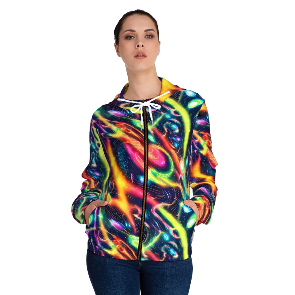 Plasma Playground on Women's Full-Zip Hoodie — Front On Person