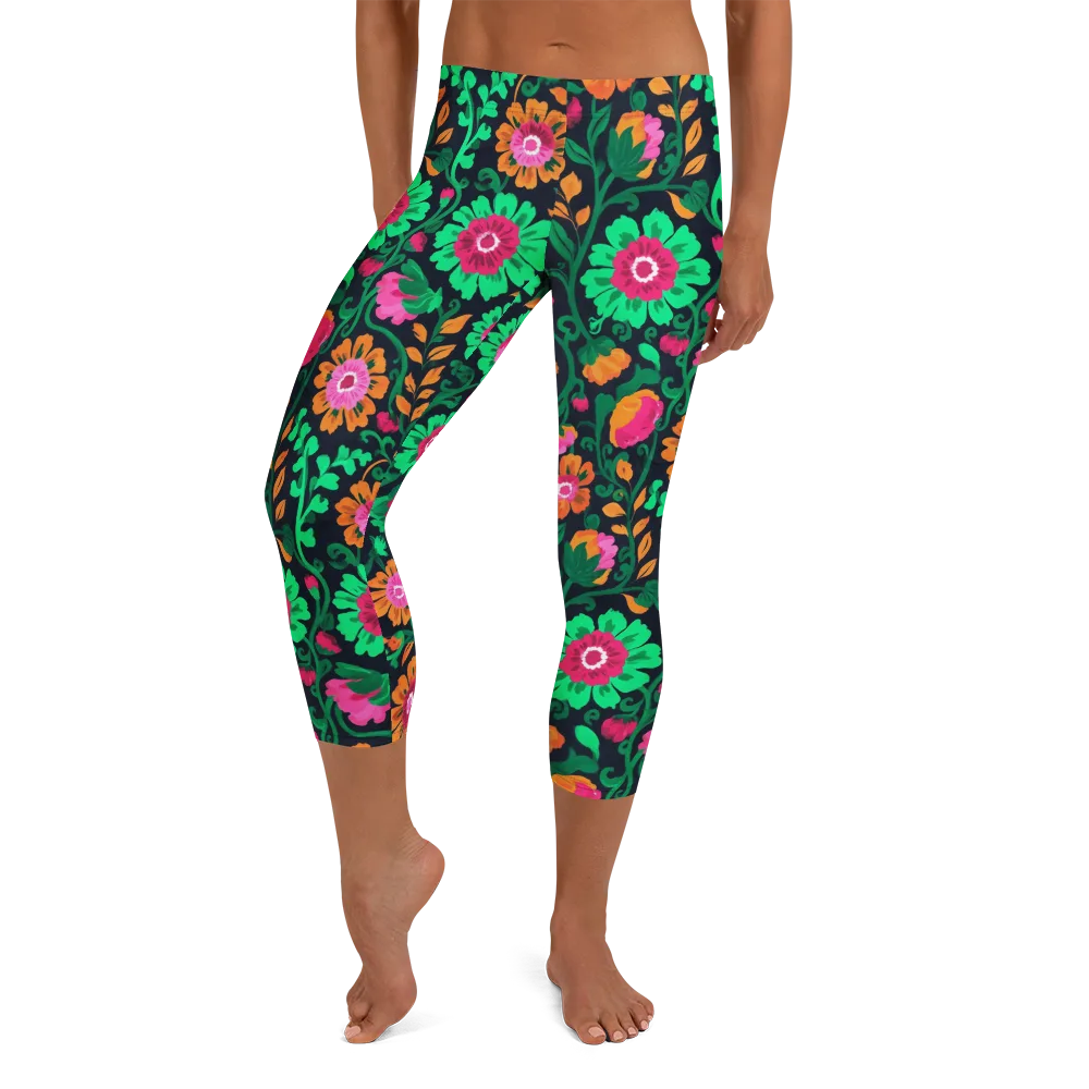 Neon Garden After Dark on Capri Leggings — Front