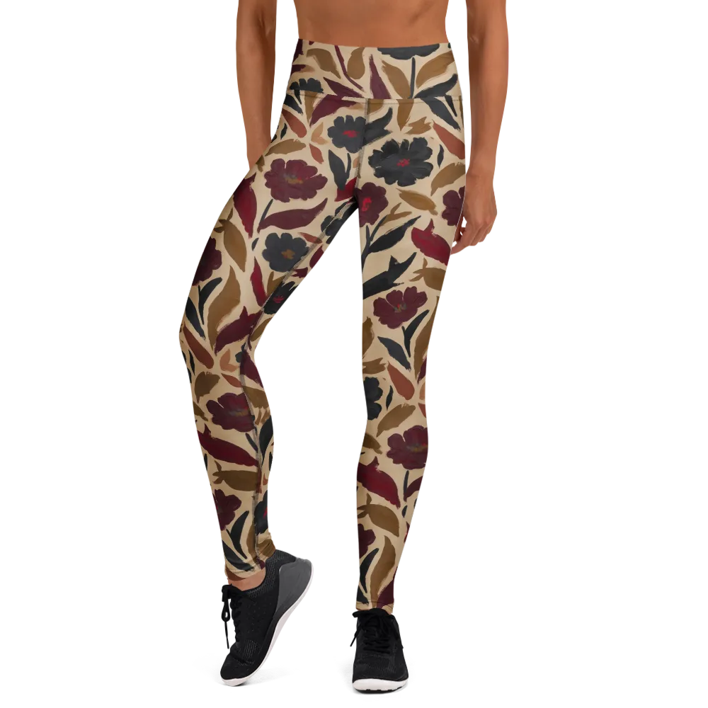 Burgundy Brushwork on Yoga Leggings — Front