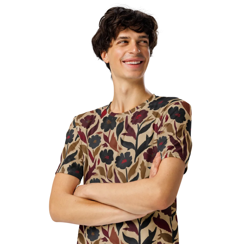 Burgundy Brushwork on Men's Crew Neck T-Shirt — Left Front