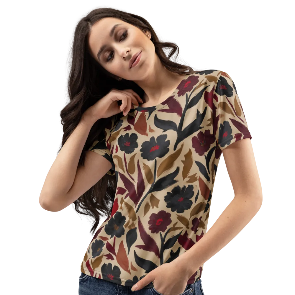 Burgundy Brushwork on Women's Crew Neck T-Shirt — Left Front
