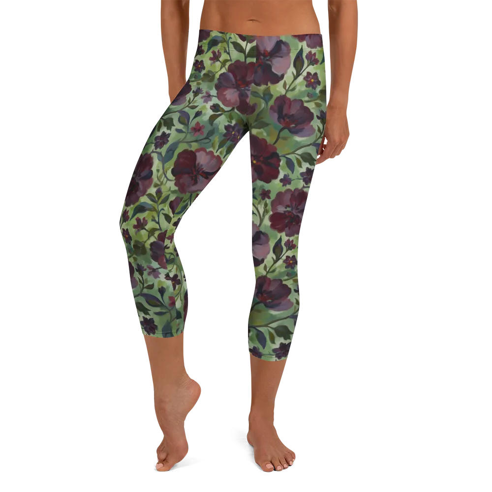 Burgundy Bloom on Capri Leggings — Front