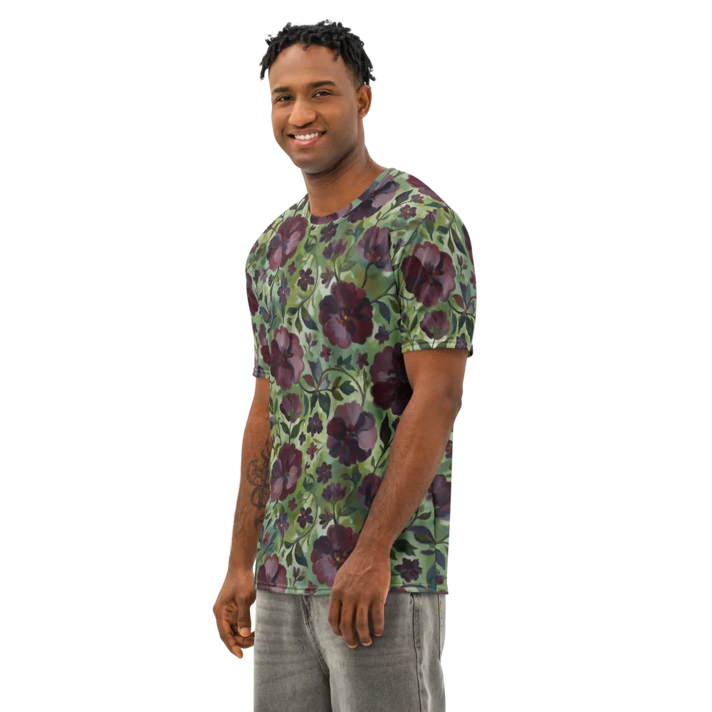 Burgundy Bloom on Men's Cotton Crew Neck T-Shirt — Left Front
