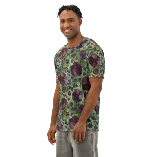 Burgundy Bloom on a Men's Cotton Crew Neck T-Shirt