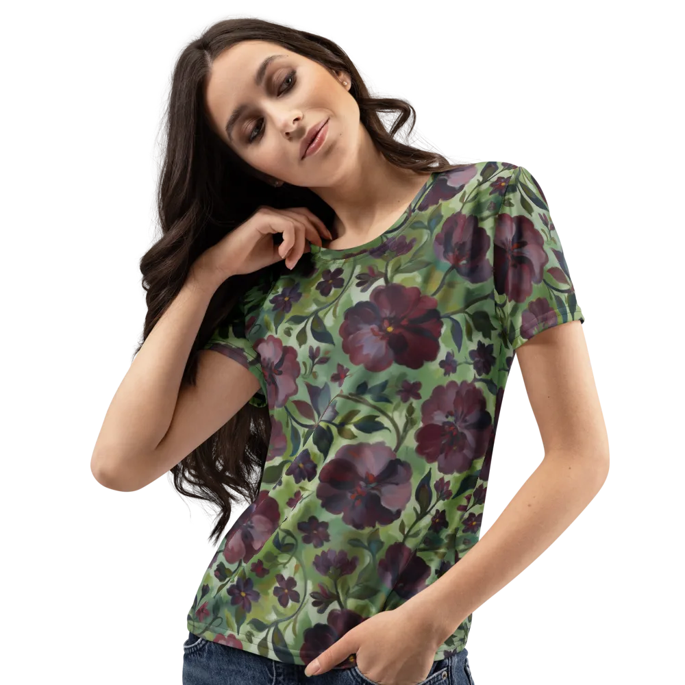 Burgundy Bloom on Women's Crew Neck T-Shirt — Left Front