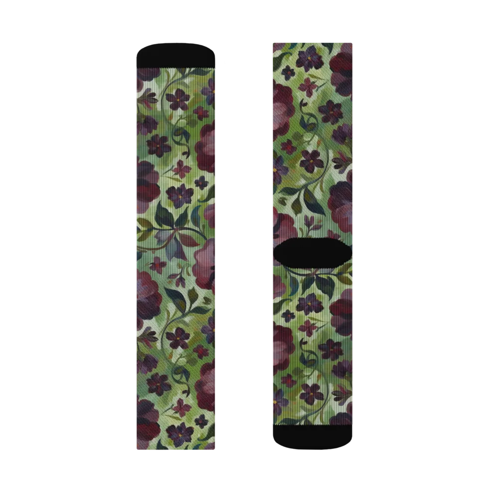 Burgundy Bloom on Socks — Left Sock