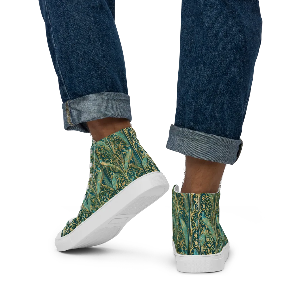 Peacock Nouveau on Men's High Top Canvas Shoes — Back