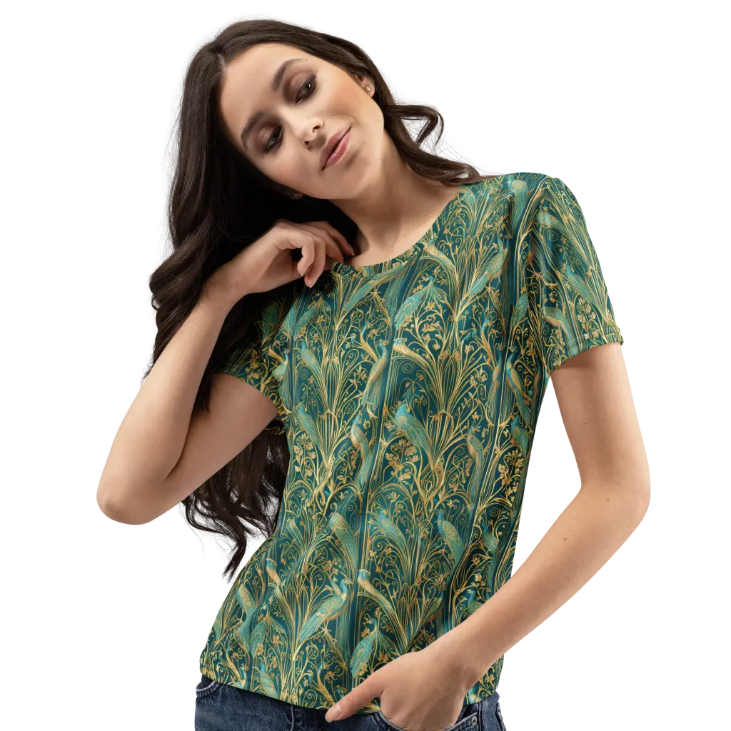 Peacock Nouveau on Women's Crew Neck T-Shirt — Left Front