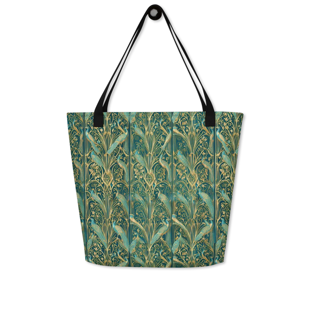 Peacock Nouveau on Large Tote Bag W/ Pocket — Front