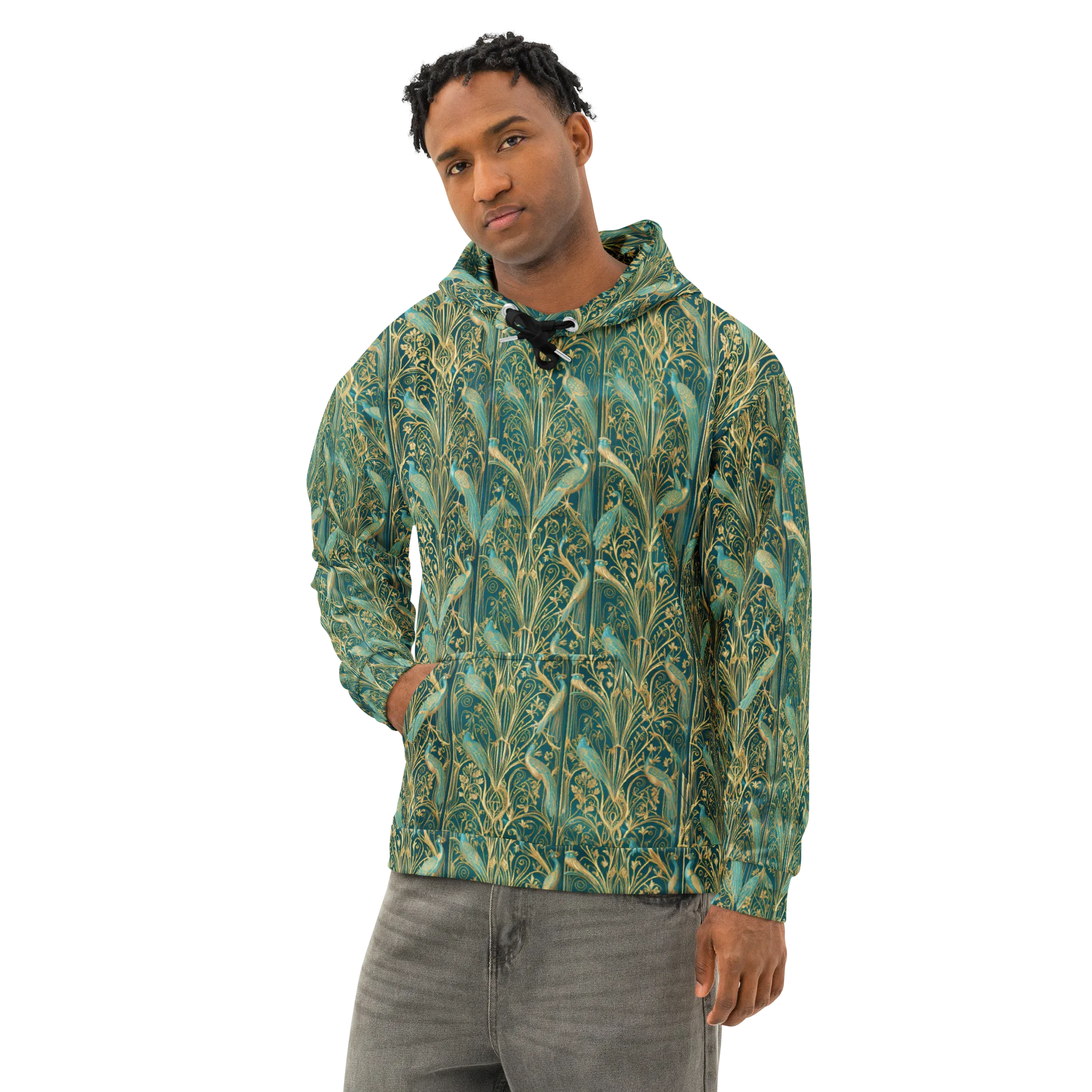 Peacock Nouveau on Cotton Hoodie — Left Front
