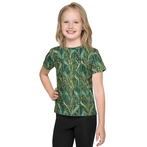 Peacock Nouveau on a Kids Crew Neck T-Shirt